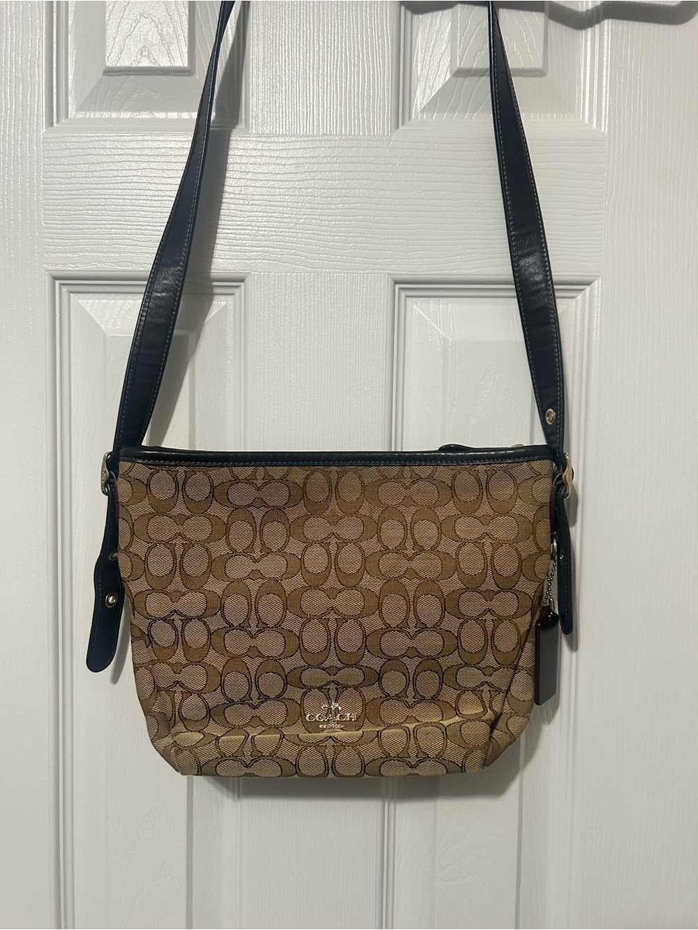 Coach Tan Signature Canvas Shoulder Bag with Black Trim